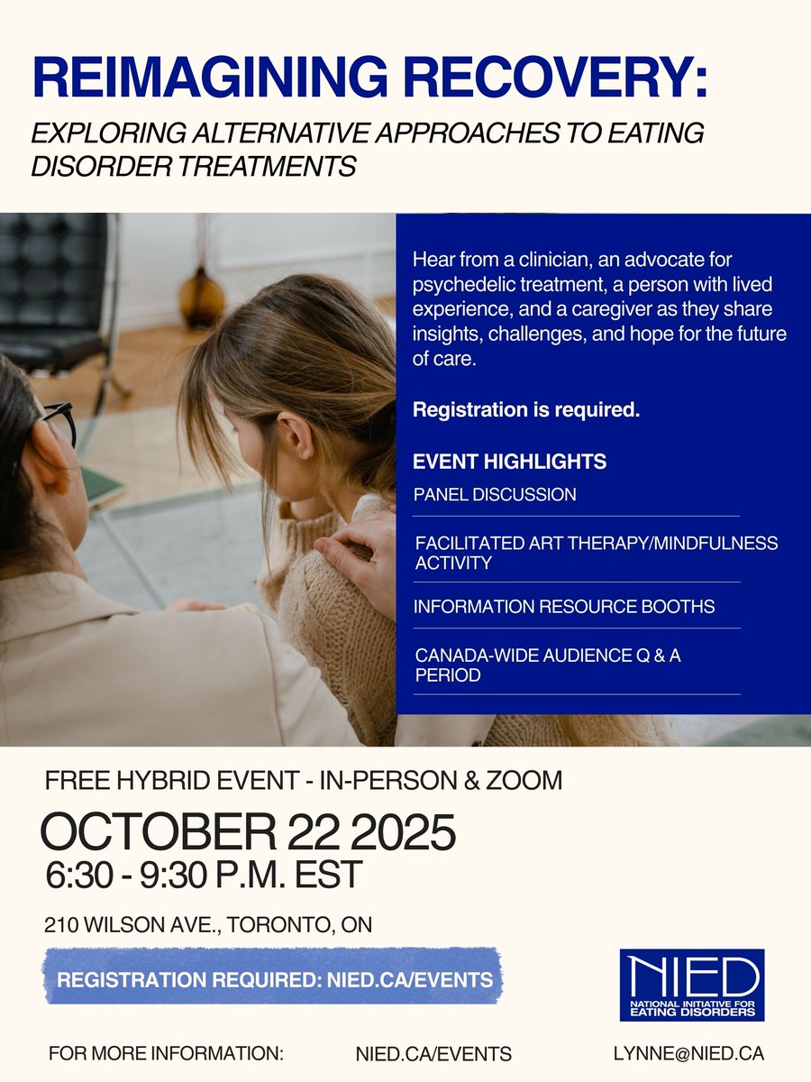 ✨ REIMAGINING RECOVERY: Exploring Alternative Approaches to Eating Disorder Treatments

Join us in person or virtually on October 22nd at 6:30 pm EST for this exciting event!

​Space is limited. Registration is required.

Register here: eventbrite.ca/e/reimagining-…