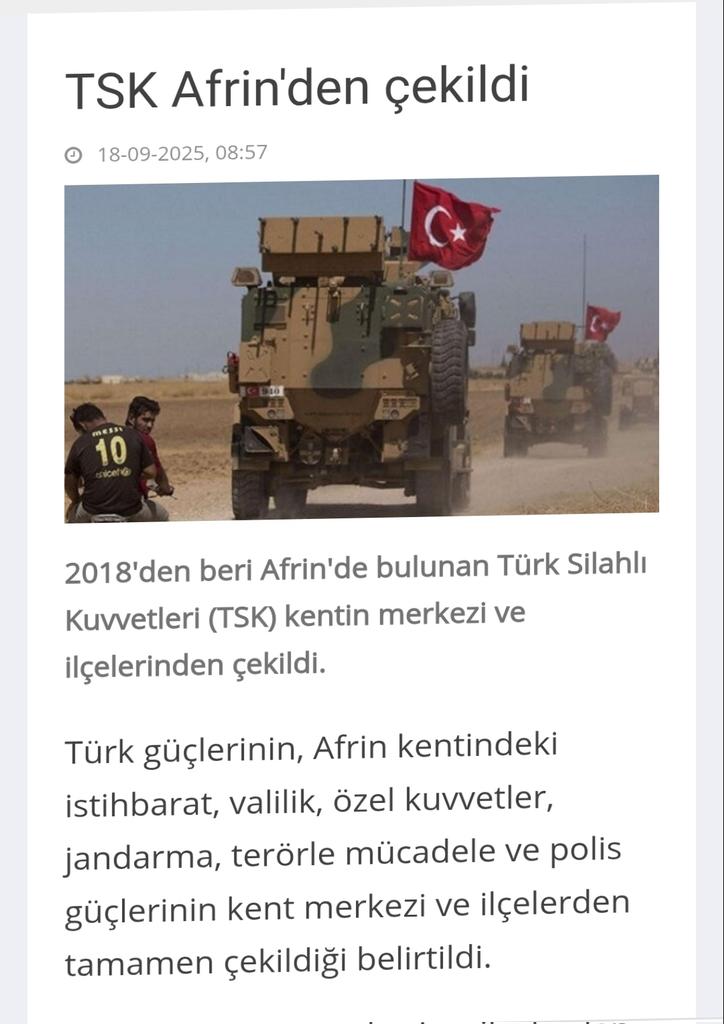 AFRİN'DEN ÇEKİLİRSEK NE OLUR? 

-  TSK'nın Afrin'den çekildiği yönünde haberler var. Eğer doğruysa çok fena! 
- Bakın, TSK Suriye kuzeyine 4 kara operasyonu yaptı. 
- Bu operasyonların amacı, Akdeniz bağlantılı bir "Terör Koridor Devletçiği (Teröristan)" oluşmasını önlemekti! 
-