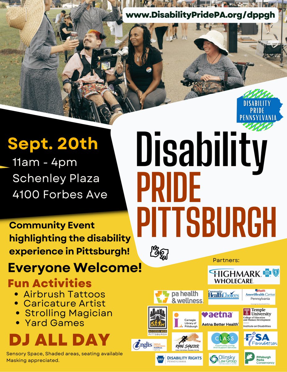Mark your calendars—Disability Pride Pittsburgh is back! 🎉

📅 Friday, Sept 20 | 11 am–4 pm
📍 Schenley Plaza, 4100 Forbes Ave

Learn more: DisabilityPridePA.org/dppgh