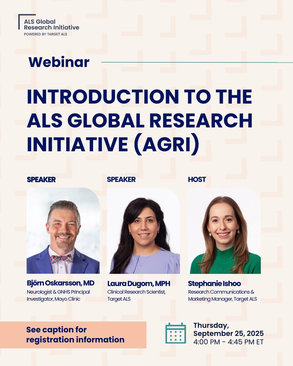 TargetALS_fdn's tweet image. Join us for a special live conversation on September 25 at 1 PM PT/4 PM ET. 

We'll share a behind-the-scenes look at our ALS Global Research Initiative, a groundbreaking global effort to tackle ALS from every angle and fuel discoveries in real time. RSVP: ow.ly/y41q50WYny9