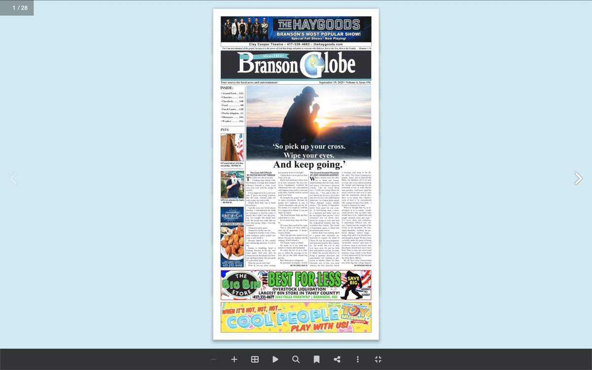 Grateful today for Rob Doherty and the Branson Globe for running my Charlie Kirk piece on the front page. Thank you for trusting me with your readers. 

My prayer is simple. May Christ use it to point people to Himself. 🙏