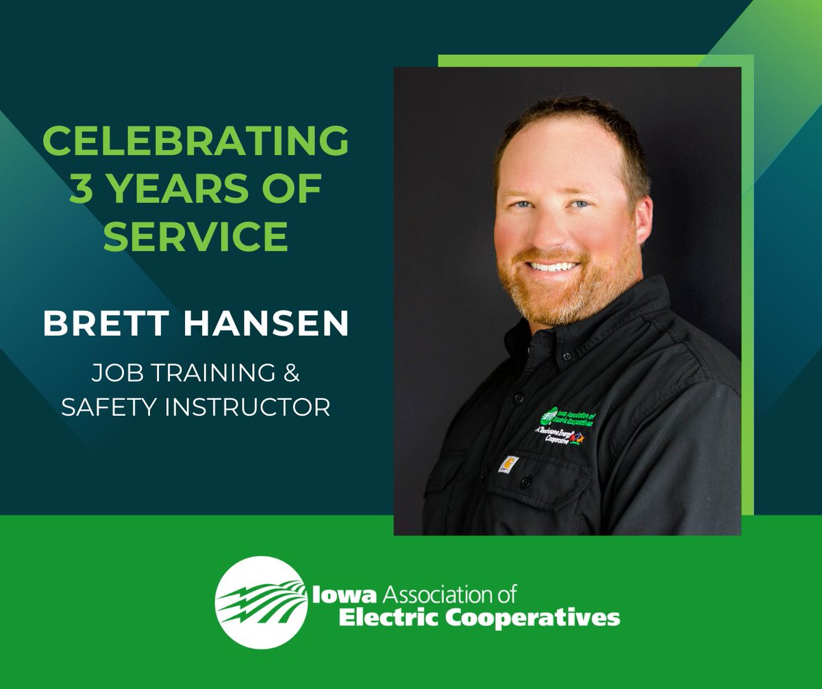 Join us in congratulating Brett Hansen on 3 years of dedicated service to Iowa's electric co-ops! As a job training &amp; safety instructor, Brett helps our members sustain and improve upon a proactive safety culture through jobsite observations, work procedure trainings and more.