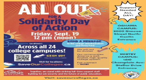 354Local's tweet image. Join us tomorrow, Sept 19th at 12pm on the picket lines at the Oshawa and Whitby campuses to show solidarity with our striking colleagues! Together, we stand for fair treatment and a brighter future for public education! mailchi.mp/opseu354/barga…