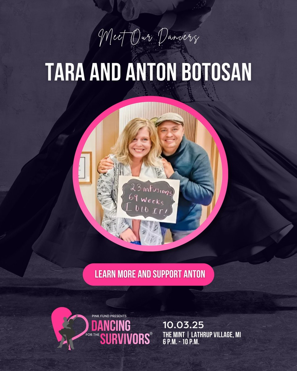 Tara fought cancer with courage—Anton stood by her side. Now, together, they’re taking the stage at Dancing For The Survivors® to honor her journey and help others through Pink Fund.

To support them, purchase a ticket today: donate.pinkfund.org/team/766716
