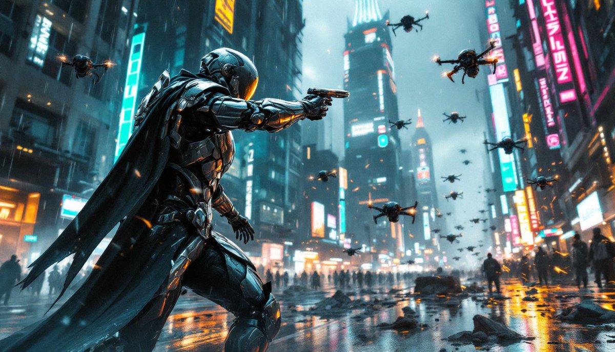 PromptSin's tweet image. Join the fight for justice in a futuristic city! 🚁⚡ #CyberpunkVibes #FuturisticBattle