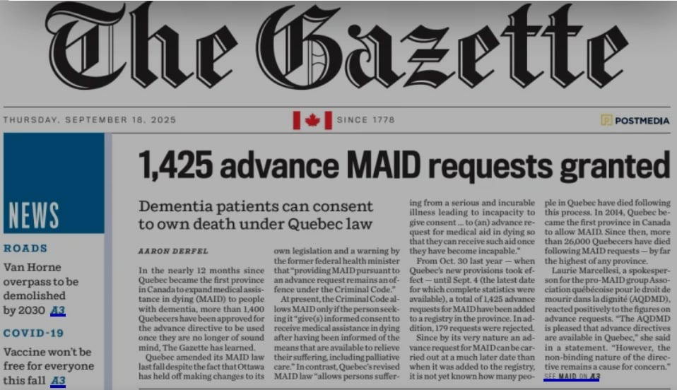 collectifmed's tweet photo. Cover story in both the Montreal Gazette and the National Post today:
Quebec expanded MAID to dementia last year. The province has since approved more than 1,400 requests
With quotes from Dr. Catherine Ferrier:
https://t.co/FcvGGhzoXp
#cdnpoli #qcpoli https://t.co/uxm0U6q697