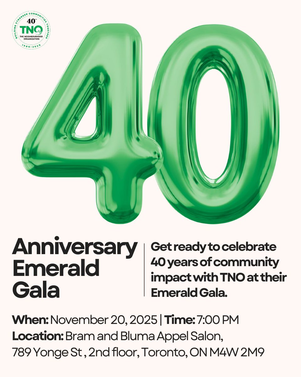 Celebrating 40 Years of Community Impact.

TNO - The Neighbourhood Organization is proud to mark its 40th Anniversary with the Emerald Gala, an evening dedicated to honouring four decades of service and building stronger, more inclusive communities across Toronto.

Guests will
