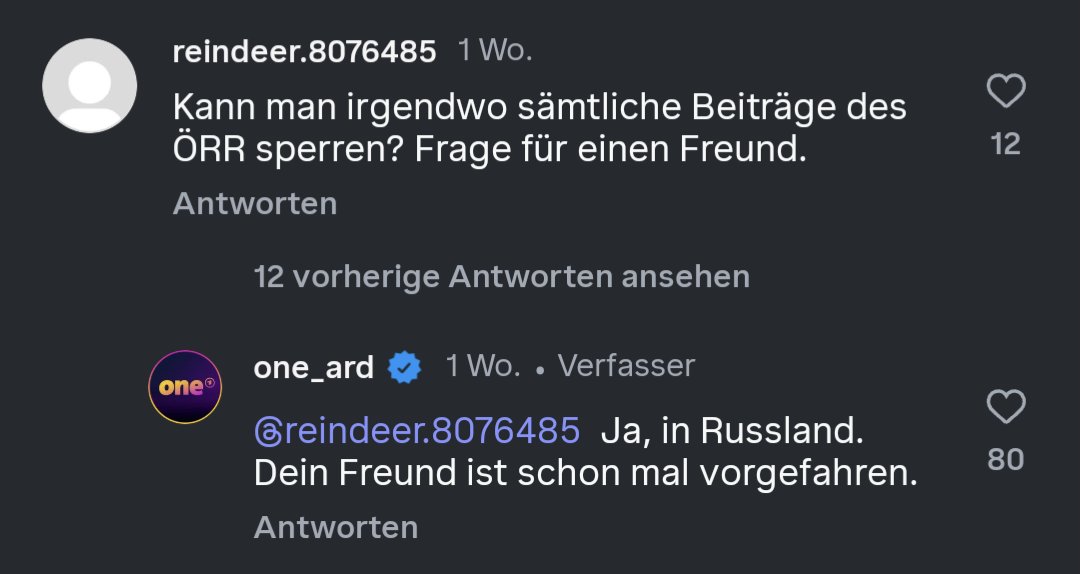 Der ÖRR ist in den Kommentarsektionen so unterwegs, als ob er mit Privataccounts kommentieren würde. Gibt's sonst nirgends. Kein größeres, seriöses Privatmedium macht das.