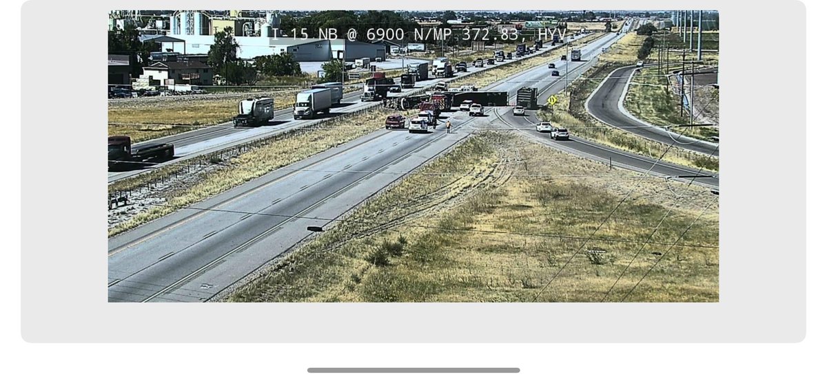 All lanes are blocked on northbound I-15 north of Brigham City. Traffic is being diverted at exit 372 and can immediately reenter the freeway. Delays are currently around 20 minutes.