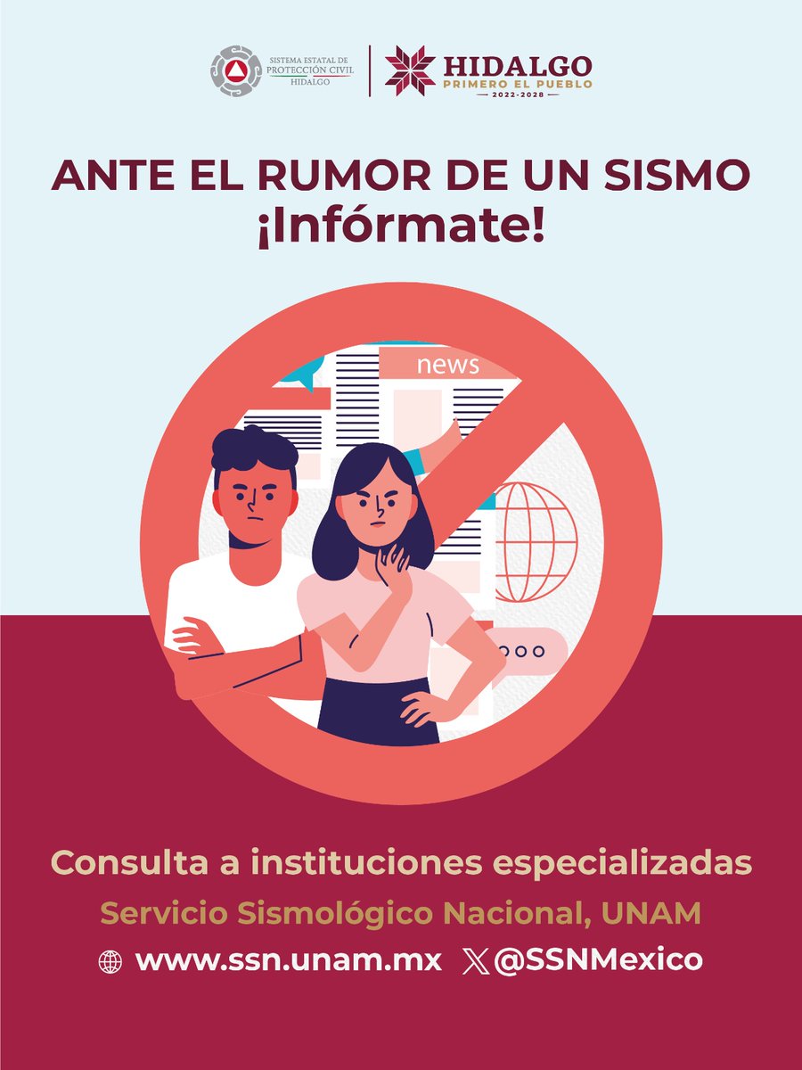 gobiernohidalgo's tweet image. 📢La prevención se construye todos los días.  Participa en el segundo #SimulacroNacional2025 este 19 de septiembre a las 12:00 horas.  Ante el rumor de un sismo, infórmate en los canales oficiales.  
#PrimeroElPueblo