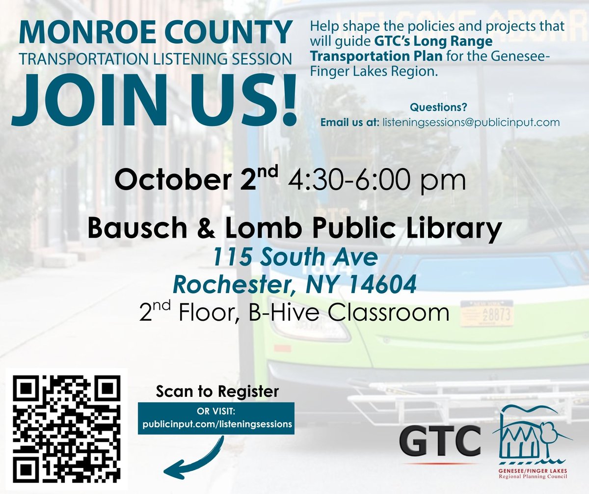 Transportation Listening Session- Thurs. 10/2 at 4:30pm at Rochester library, 115 South Ave.  publicinput.com/u16356 What issues should we plan for in the next 20 years in our 9-county region? Safety, Access &amp; Equity, Sustainability &amp; Resilience, Economic Growth, System Maint.