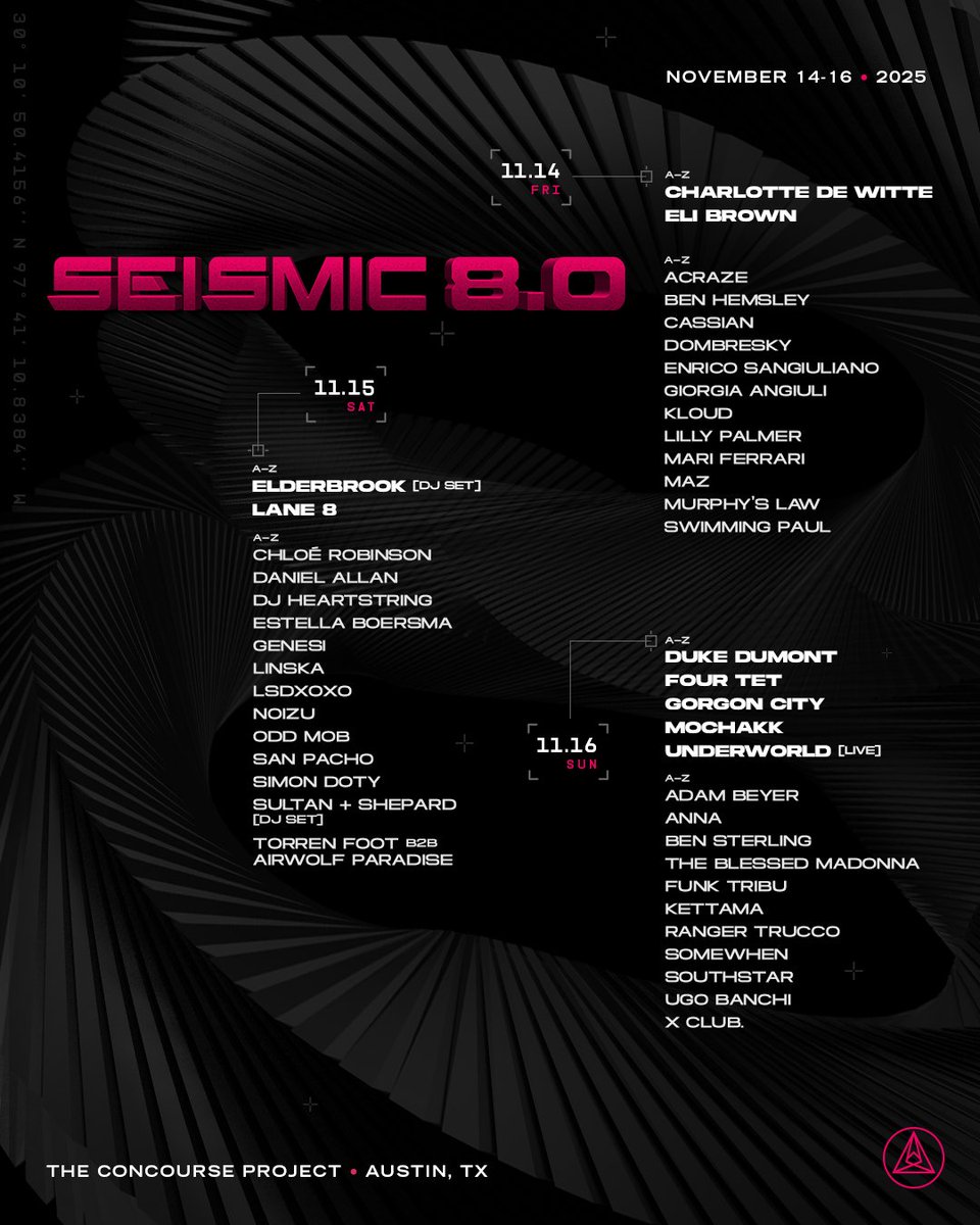 SeismicTX's tweet photo. Badabing badaboom. Phase two has erupted 🌋

A formidable fusion of globally renowned artists take over the sound waves across 3 stages at 8.0 this November 14, 15, and 16 in Austin, TX.

🎟️ Lock in final 3-day passes and single day passes now at https://t.co/kRnFkDzRlu https://t.co/EeUVyGHmqW