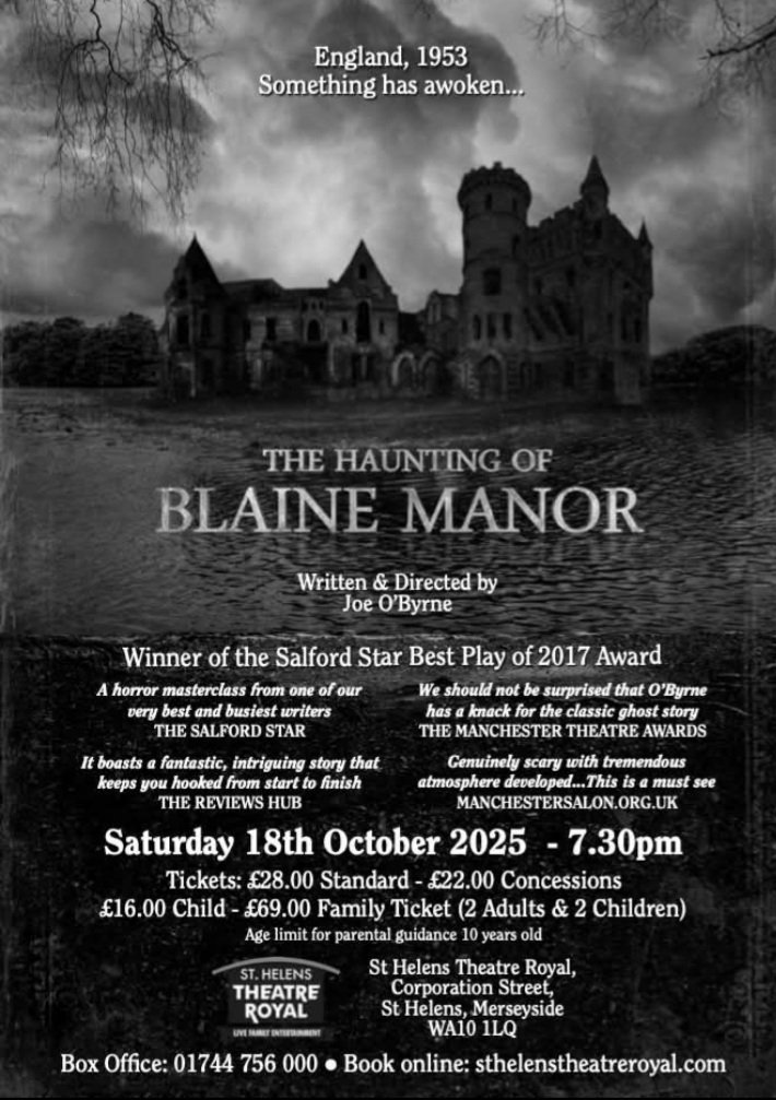 Coming to <a href="/TheatreRoyalStH/">St. Helens Theatre Royal</a> 
THE HAUNTING OF BLAINE MANOR 💀👻🎃
Saturday 18th October 7.30pm
Tickets: sthelenstheatreroyal.ticketsolve.com/ticketbooth/sh…
<a href="/sthelensreport/">St Helens Reporter</a> <a href="/sthelensstar/">St Helens Star</a> <a href="/whatsonsthelens/">Whats On in StHelens</a>  <a href="/WhatsOnStage/">WhatsOnStage</a> <a href="/TheStage/">The Stage</a> <a href="/British_Theatre/">BritishTheatre.com</a> <a href="/BritTheatreGuid/">British TheatreGuide</a> <a href="/AtmoSounds/">Justin Wetherill</a> 
#TheHauntingofBlaineManor #Theatre
