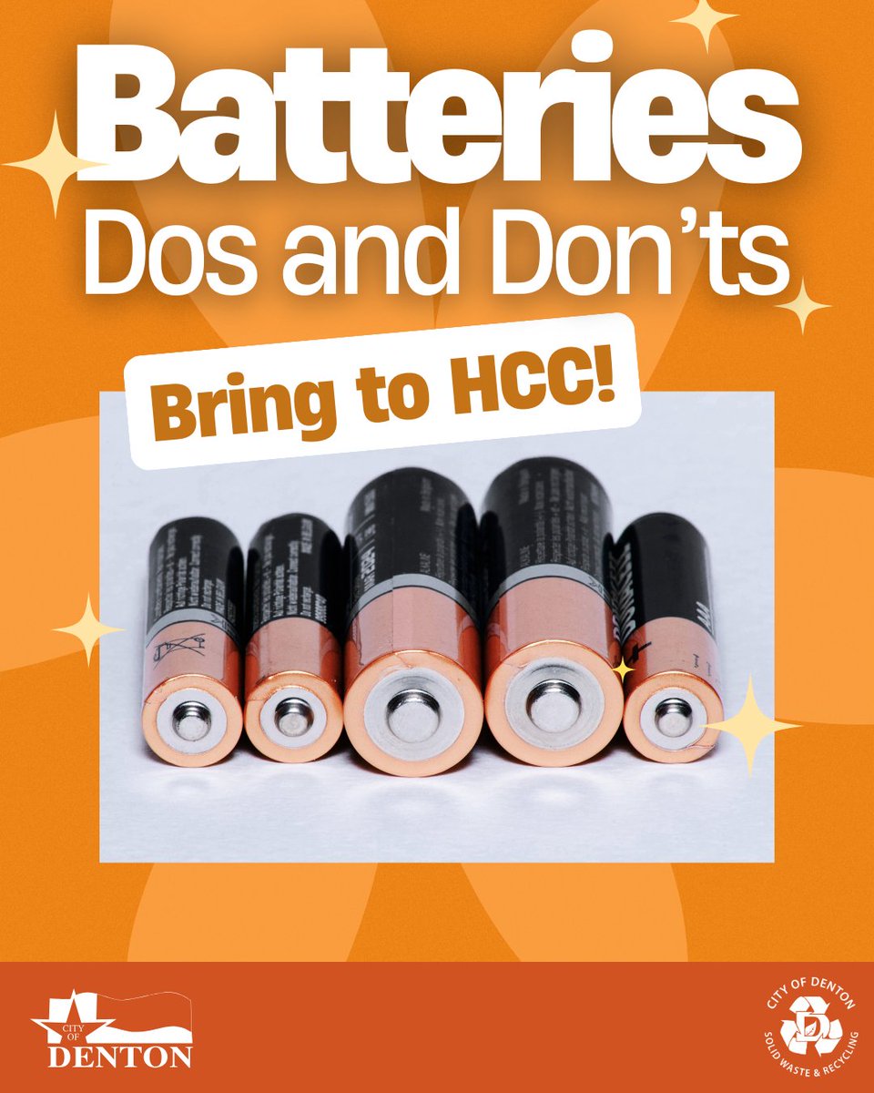 DentonRecycles's tweet image. Placing batteries in the recycling or trash can be a serious fire hazard!

Safely dispose of batteries by taking them to Home Chemical Collection (HCC)!

HCC:
1527 S. Mayhill Rd Bldg. 300
Monday-Saturday from 7 a.m. to 4 p.m.

#KnowWhatToThrow