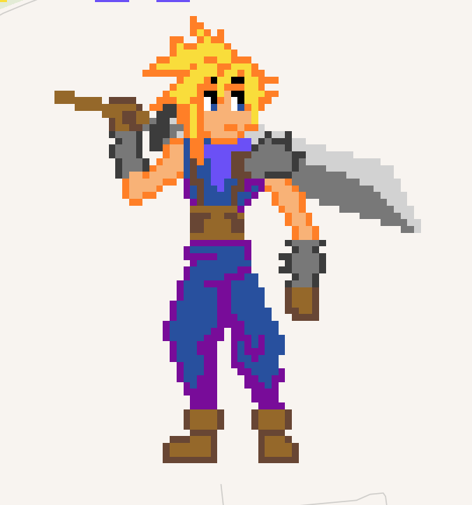 Vezuki ๐ฆ Small Fox Vtuber ๐ฌ๐ง๐ซ๐ฎ๐ช๐ช (@vezukiz) on Twitter photo I feel I kinda default to this pixel style if given the freedom. I can have the details I want in and the proportions are more to my liking.
Anyways, I remember I was blown away from the graphics of this game on PS1
98 - Cloud Strife (Final Fantasy VII) I feel I kinda default to this pixel style if given the freedom. I can have the details I want in and the proportions are more to my liking.
Anyways, I remember I was blown away from the graphics of this game on PS1
98 - Cloud Strife (Final Fantasy VII)