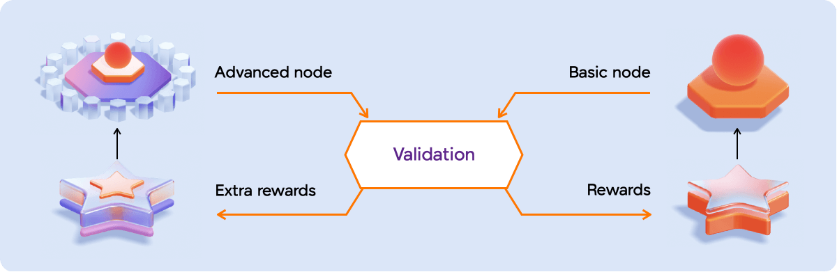 Grap3Inc's tweet photo. When designing the project architecture, the team focused on simplifying the process of becoming a validator and minimizing hardware requirements. Since the number of validators directly impacts network bandwidth, it was crucial to make this process as accessible as possible. 

The project currently offers two types of validators: advanced nodes and basic nodes. The primary difference is that advanced nodes store the database while basic nodes do not. Nodes that store the database will increase the network bandwidth and receive additional rewards accordingly. On the other hand, basic nodes contribute to decentralization and will also receive rewards for confirming transactions.

As we move closer to the mainnet launch, the Grape team will prepare detailed instructions on becoming a validator. 🍇