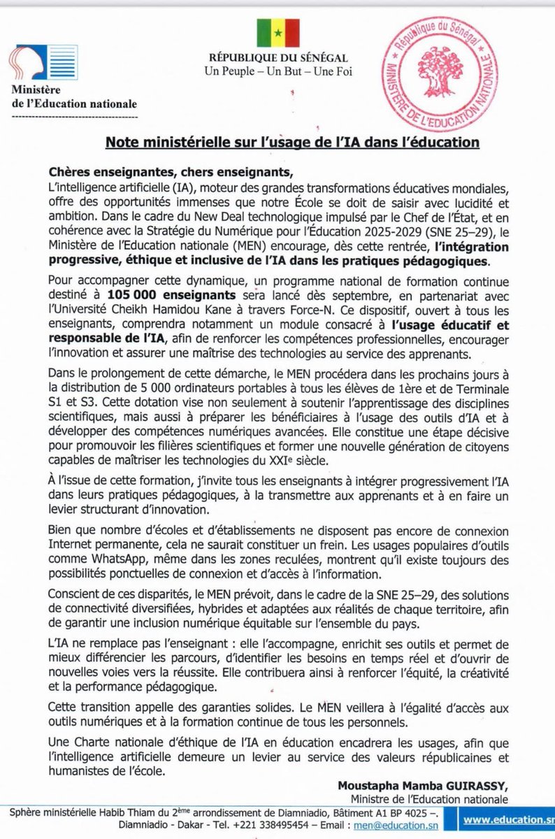 ‼️Note ministérielle sur l’usage de l’IA dans l’éducation <a href="/M_M_Guirassy/">Moustapha Mamba Guirassy</a>