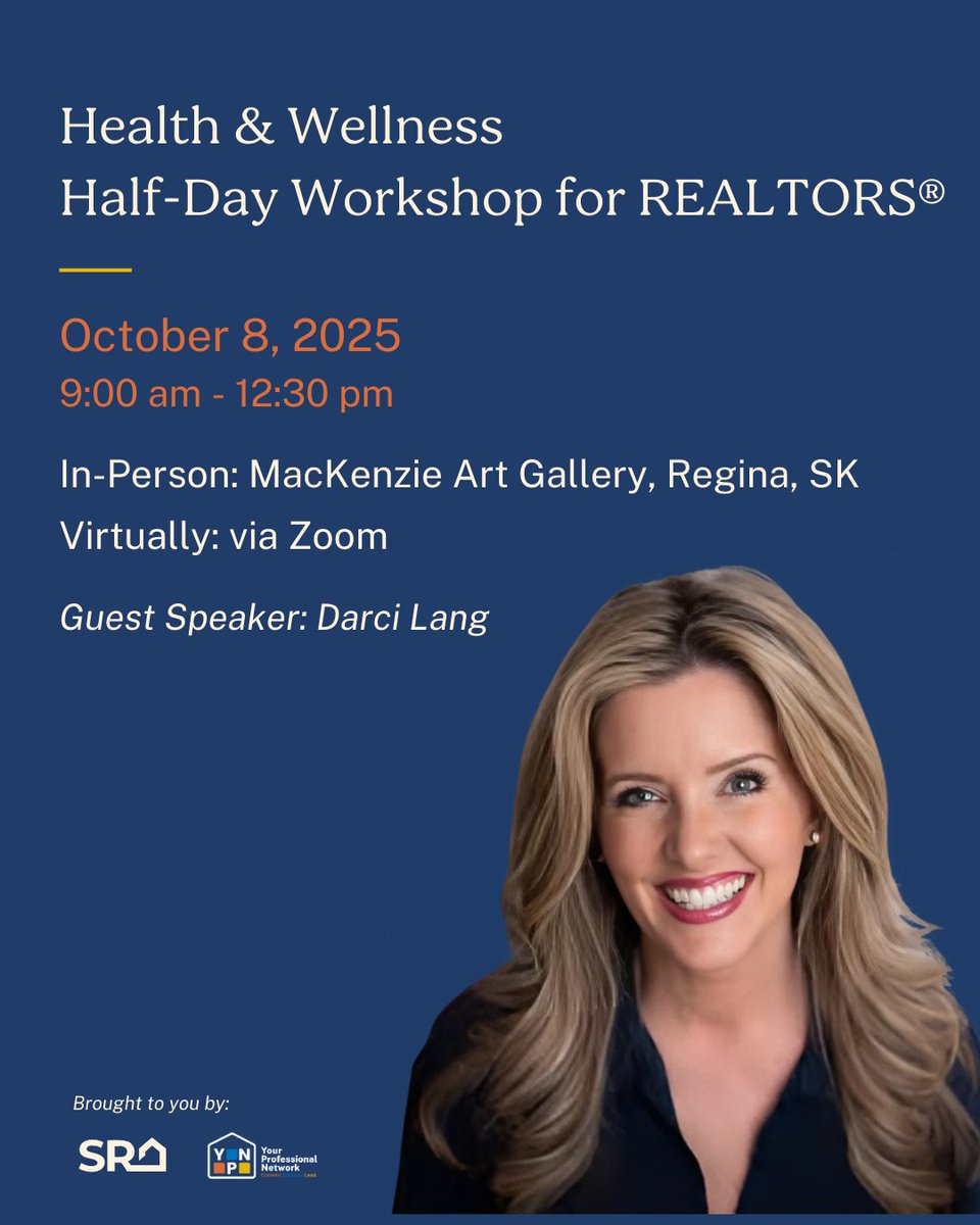Join us for a half-day Wellness Workshop featuring keynote speaker Darci Lang, motivational speaker, bestselling author &amp; Canadian Speaking Hall of Fame member. Her session, Focus on You!, will inspire positivity every day.
🔗 Register: saskatchewanrealtorsassociation.ca/events/health-…