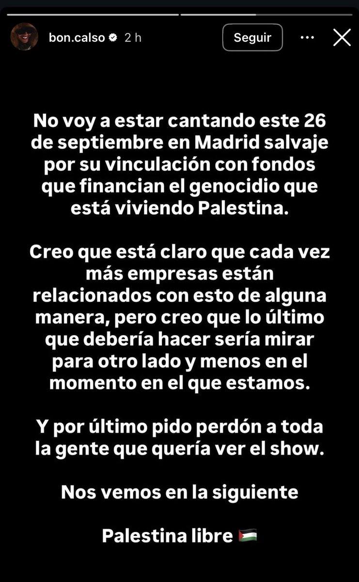 🔴 Terremoto en el Madrid Salvaje. 

Tras Sticky M.A, Gloosito y Disobey, Bon Calso confirma que TAMPOCO actuará en él por su vinculación al fondo pro-israelí KKR. 

“Lo último que debería hacer sería mirar para otro lado”