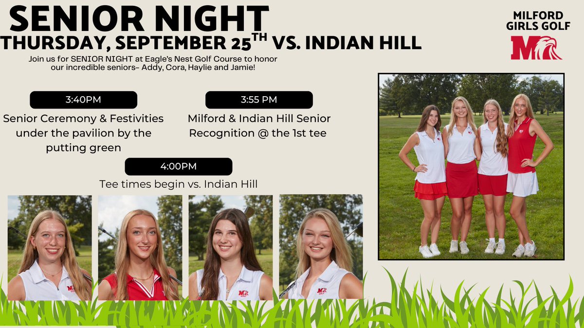 Our season may be winding down, but there is still lots of golf to be played! Including next week’s OHSAA Div I SW Ohio Girls Sectional tourney on Tuesday AND Senior Night on Thursday!

Make sure to join us 9/25 to honor our 4 incredible senior athletes! ⛳️ 🦅  <a href="/Milford_Eagles/">Milford Athletics</a>
