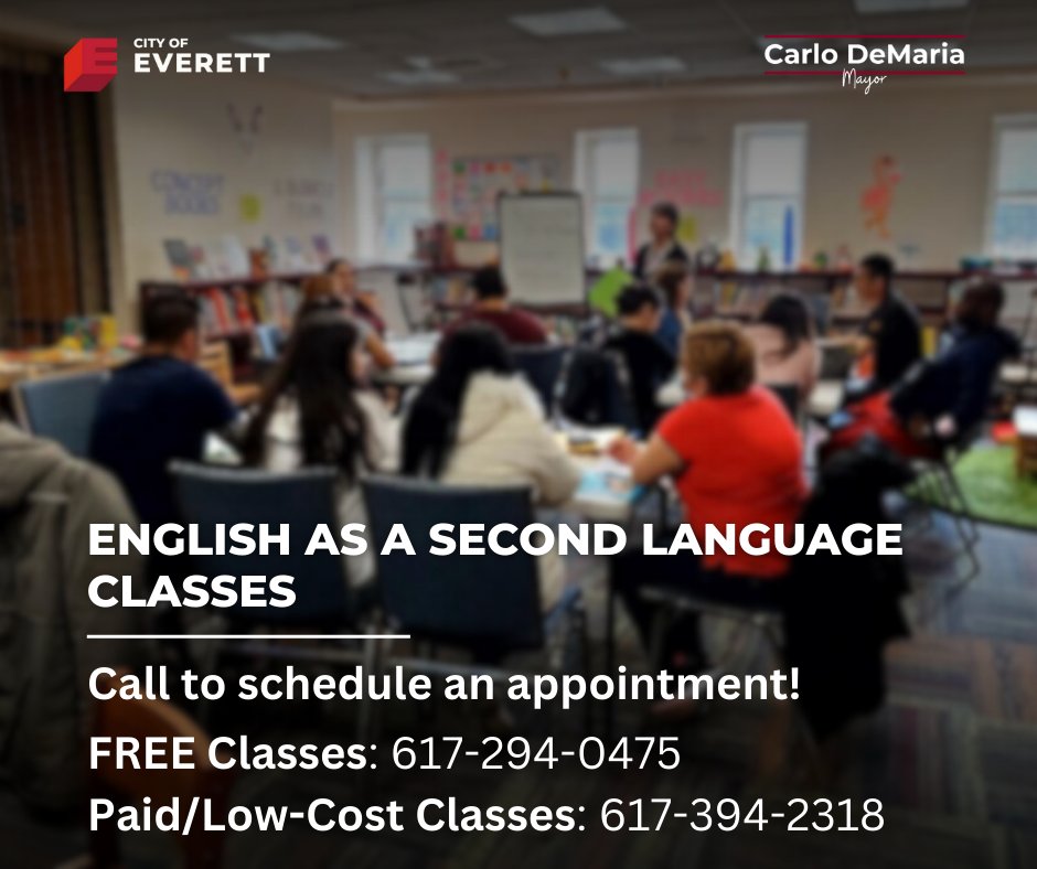 EverettGov_MA's tweet image. Everett Adult Learning Center is now testing for ESL classes! 📚
Classes start soon, so don’t wait!
✅ FREE: 617-294-0475
✅ Paid/Low-Cost: 617-394-2318
#EverettMA #ESL #ESLClasses