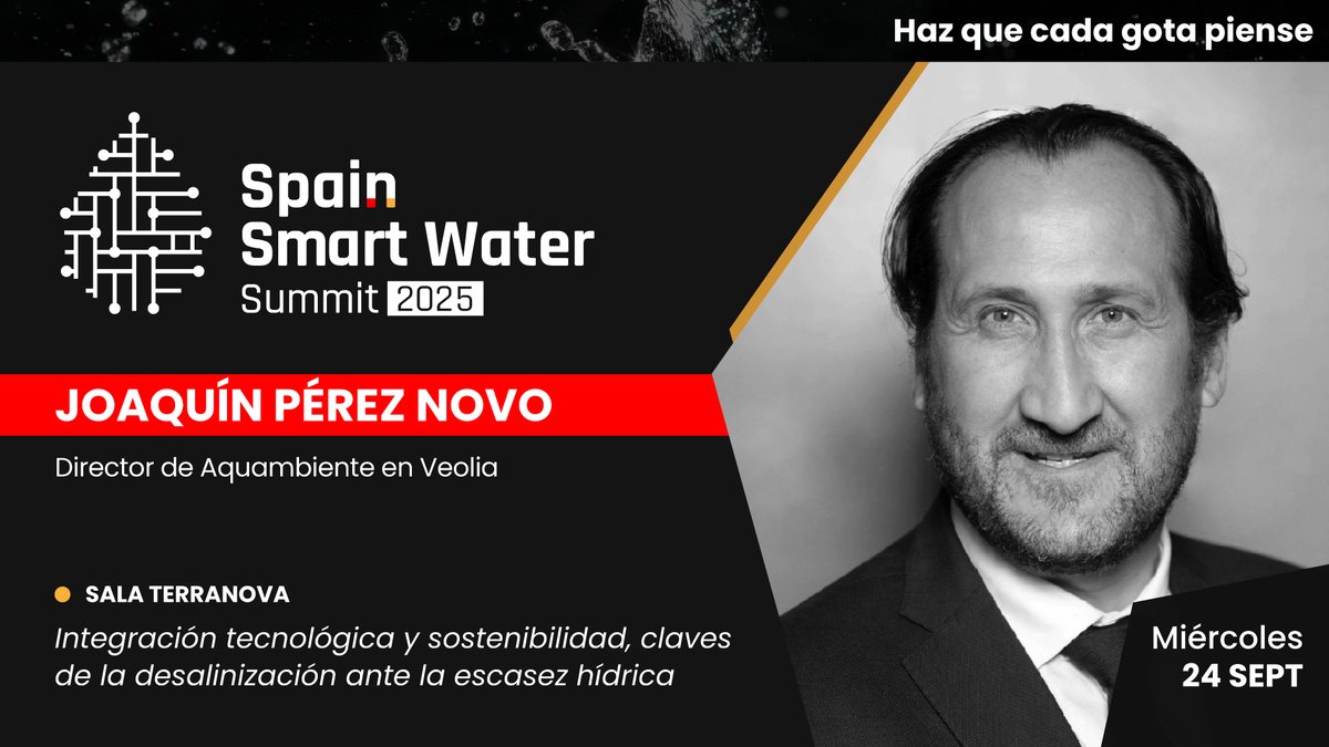 Ponente confirmado en #SSWS2025

👤 Joaquín Pérez Novo — Director de Aquambiente en <a href="/Veolia_Es/">Veolia España</a> 
🗓️ 24 sept | 📍 Sala Terranova
💬 Integración tecnológica y sostenibilidad, claves de la desalinización ante la escasez hídrica
👉 iagua.es/spain-smart-wa…

#HazQueCadaGotaPiense
