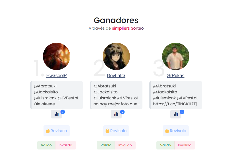 🎉 ¡YA TENEMOS GANADORES DEL SORTEO DE LOS 3 CASTERS! 🎉
Gracias a todos por participar en nuestro sorteo!
🏆 Los 3 ganadores son:
1️⃣ <a href="/HwaseolP/">Hwaseol</a> 
2️⃣ <a href="/DevLatra/">Latra 🦆</a> 
3️⃣ <a href="/SrPukas/">Pukas</a> 

 Estad atentos al md y dadle las gracias a luismi y jackal pls (tongo)📩