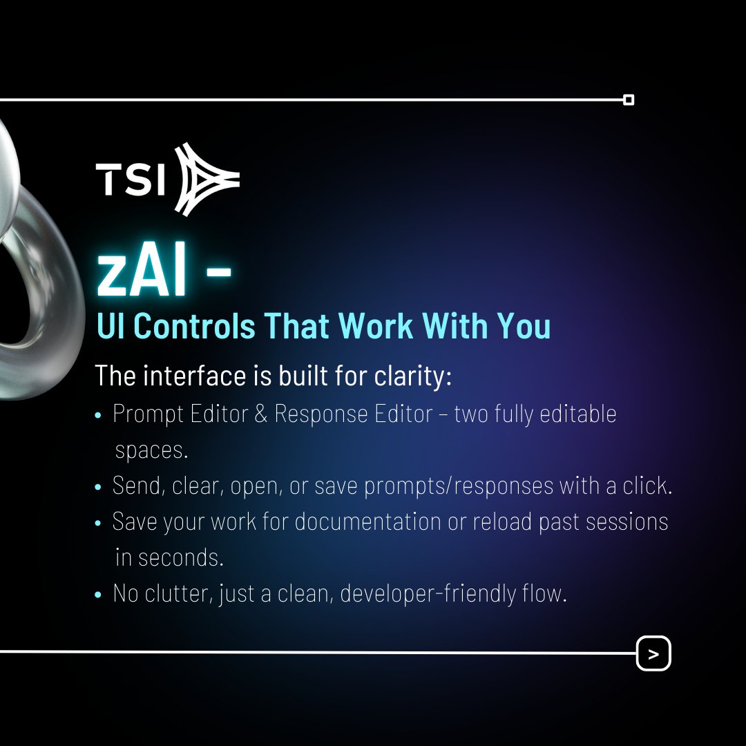TPFSoftware's tweet image. Why developers love zAI?
🖥️ Clean UI + response editors
📑 Save, reload, or validate code
⚡ Custom AI coding checks
With zAI, mainframes are faster, cleaner, and ready for agile innovation. (2/2)
#zAI #DevOpsAI #TSI #TPFSoftware