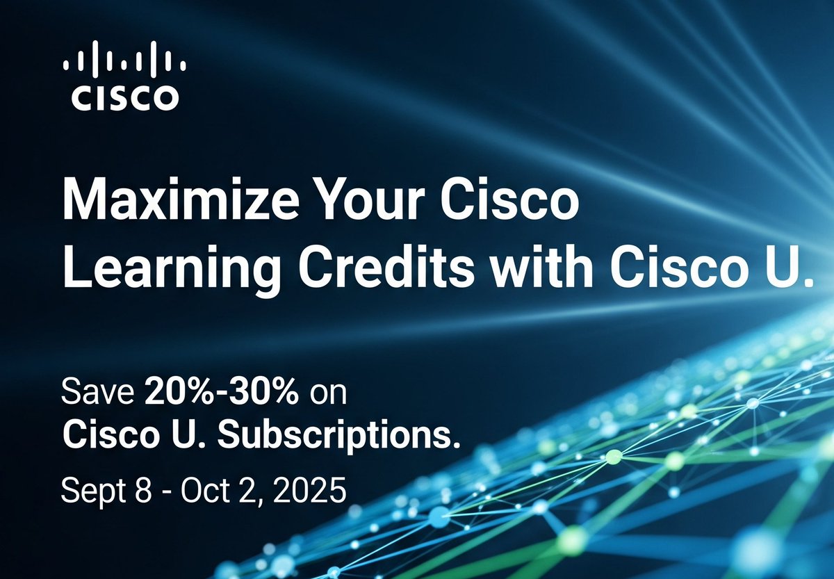 WGray013's tweet image. Don’t let your Cisco Learning Credits expire!
Redeem them for Cisco U. subscriptions &amp;amp; save:
2–4 subs = 20% OFF
5+ subs = 30% OFF
Future-ready skills. Real-world labs. Expert community.
Valid till Oct 3, 2025 
Link - cutt.ly/IrBrd8Zu
#CiscoLearning  #NetComLearning