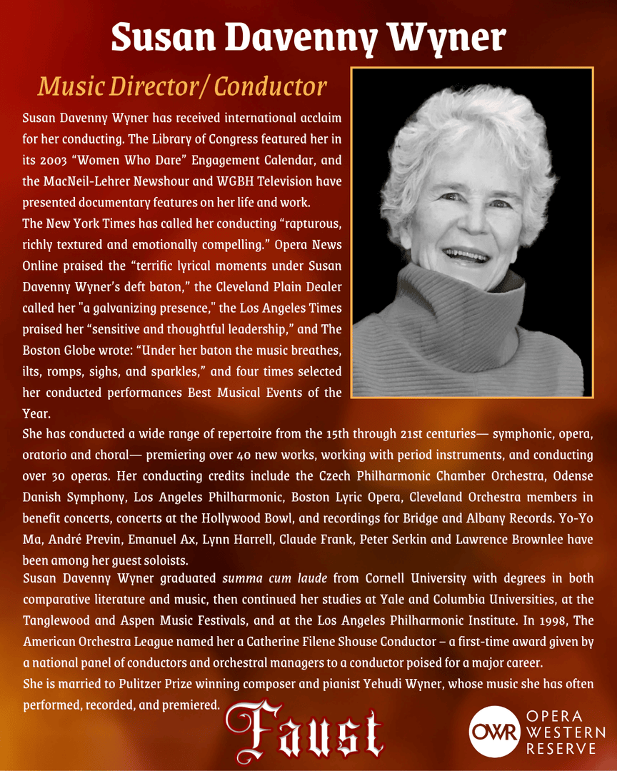 OperaWReserve's tweet photo. Please welcome back our Music Director and Conductor Susan Davenny Wyner!

📅 Faust premieres September 20, 2025 at 7:30pm at the DeYor Performing Arts Center
🎟️ Tickets on sale now at https://t.co/HFNew3Xhil https://t.co/A9wBaxSUE9