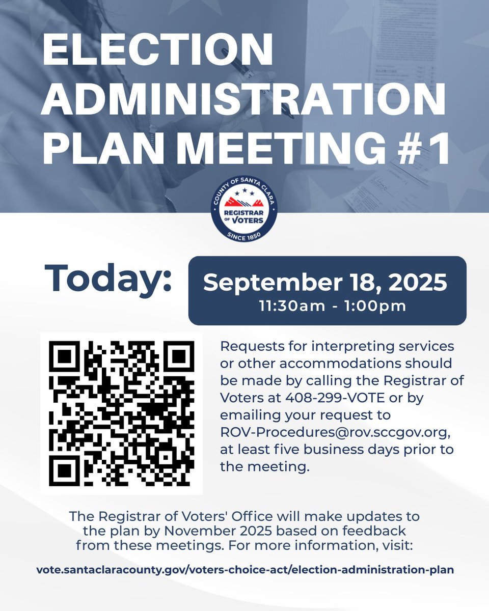 Your voice matters. Join us today to share your thoughts on how elections are run in our community.

🔗 Details: vote.santaclaracounty.gov/voters-choice-…

To share feedback on potential revisions to the EAP, please visit vote.santaclaracounty.gov/eap-feedback-f…

#SCCVOTE #SantaClaraCounty