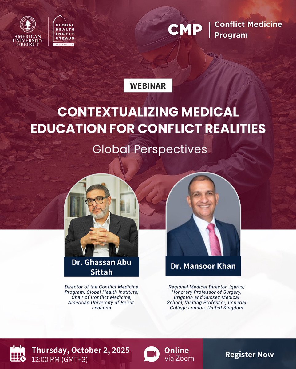 📢 Upcoming Webinar
Join us for an engaging discussion on Contextualizing Medical Education for Conflict Realities: Global Perspectives.
 
Featuring renowned surgeons Dr. Ghassan Abu Sittah and Dr. Mansoor Khan, this session will explore:
- Differences in medical education across