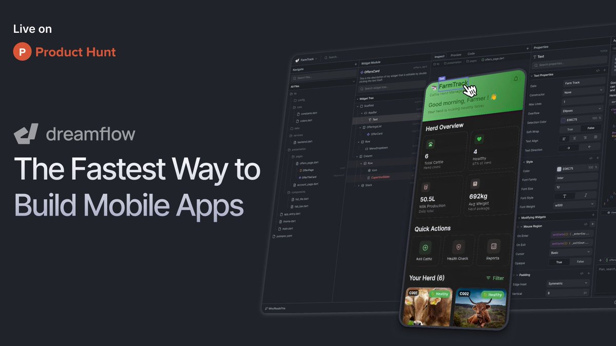 DreamflowApp's tweet image. 💸We have a special offer for Product Hunt users that you don't want to miss. Build smarter with agentic AI, intuitive visual editing, and full-code precision in one environment.
Don't miss out ➡️ producthunt.com/products/dream…