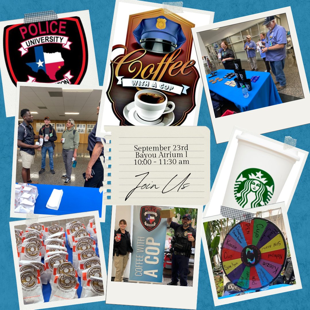 UHCL Police (@uhclpd) on Twitter photo The UHCL Police Department will be hosting Coffee With A Cop on Tuesday, September 23rd from 10:00a.m. to 11:30a.m. in the Bayou Building Atrium I. We hope to see you there! The UHCL Police Department will be hosting Coffee With A Cop on Tuesday, September 23rd from 10:00a.m. to 11:30a.m. in the Bayou Building Atrium I. We hope to see you there!