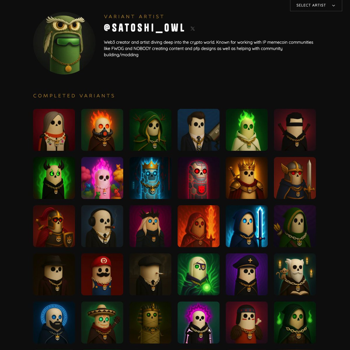 Now live: <a href="/nobodysausage/">Nobody Sausage</a> x DKS Variants.

54 pieces.

We would like to thank <a href="/satoshi_owl/">owl</a> for his exceptional work.

Full collection here 👇