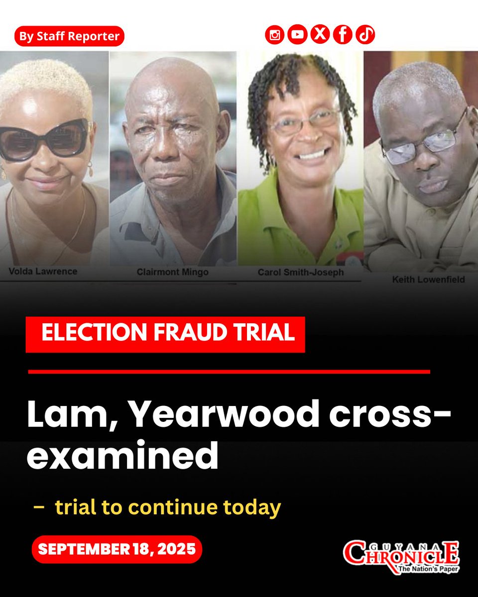 Guyana Chronicle (@gychronicle) on Twitter photo THE trial into the alleged electoral fraud in the March 2, 2020, General and Regional Elections continued yesterday with two witnesses being called before Acting Chief Magistrate Faith McGusty for cross-examination.
READ FULL STORY HERE ➡️guyanachronicle.com/2025/09/18/ele… THE trial into the alleged electoral fraud in the March 2, 2020, General and Regional Elections continued yesterday with two witnesses being called before Acting Chief Magistrate Faith McGusty for cross-examination.
READ FULL STORY HERE ➡️guyanachronicle.com/2025/09/18/ele…