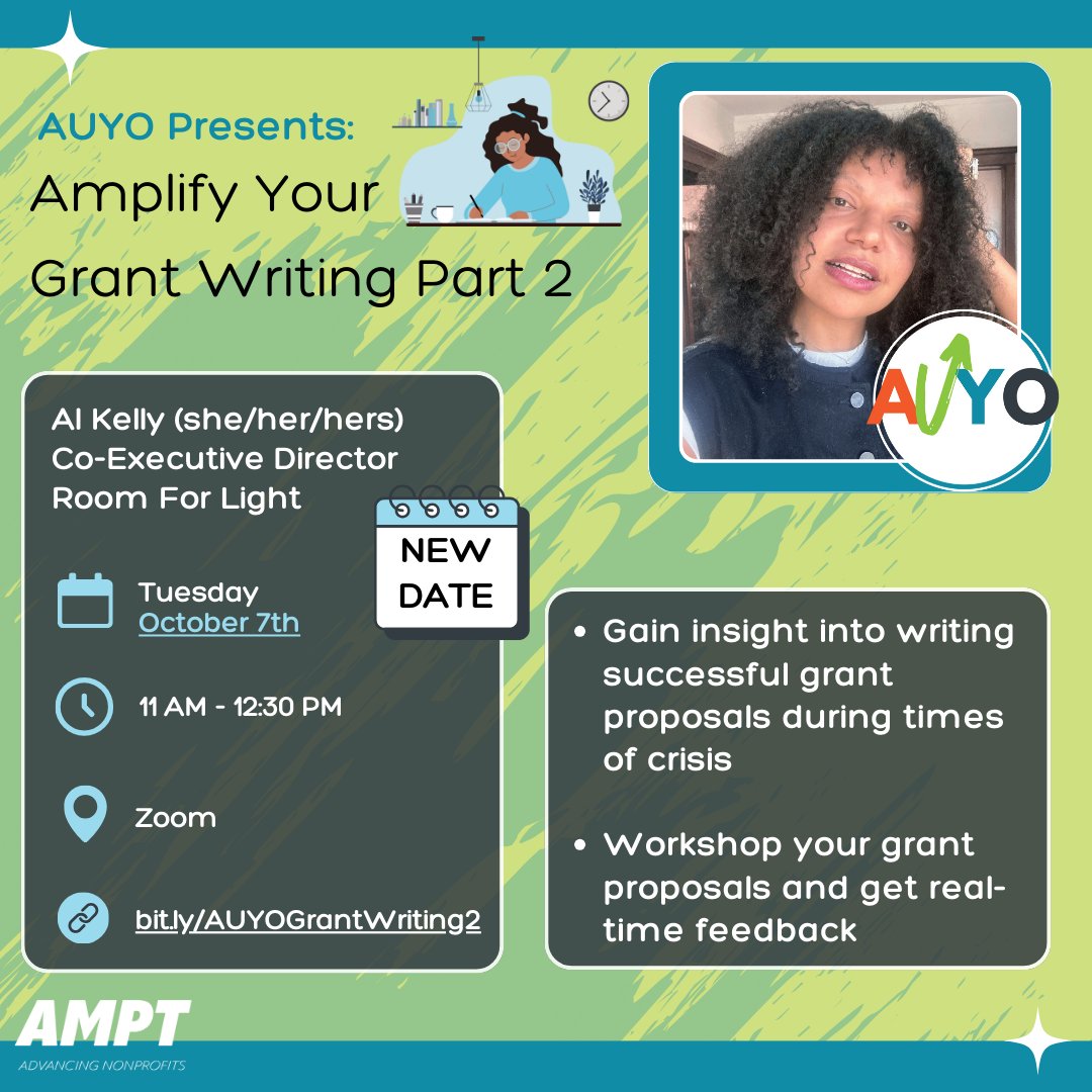 AUYO UPDATE!!

Due to scheduling conflicts, AUYO: Amplify Your Grant Writing Part 1 and 2 have been rescheduled!

Part 1 on September 30th: bit.ly/AuyoGrantWriti…

Part 2 on October 7th: bit.ly/AuyoGrantWriti…

#FreeWorkshop #Update #AUYO #AMPT #BlackNonprofit #LatineNonprofit