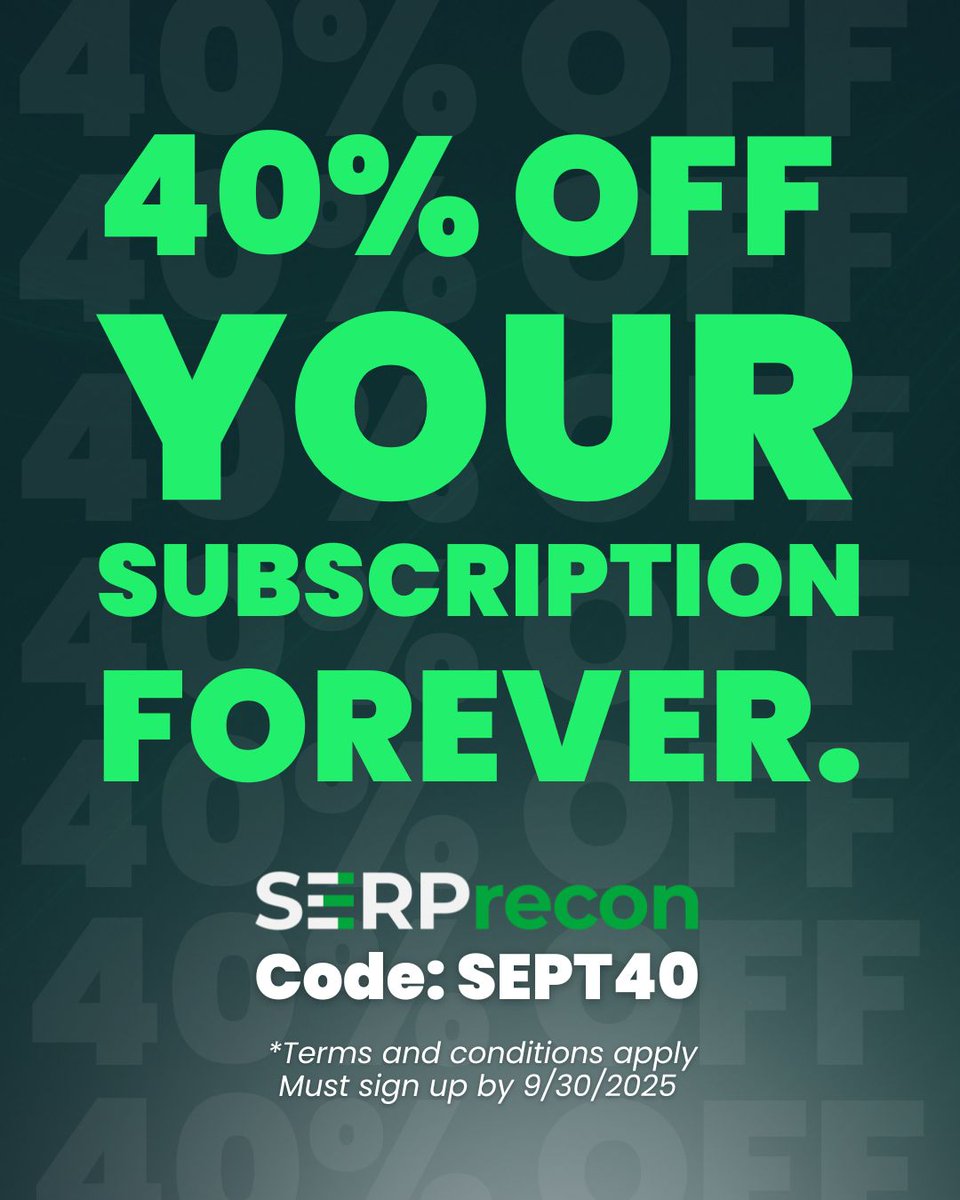 SERPrecon just got even better: Use code SEPT40 when you sign up for 40% off your lifetime subscription. Not your first month, not your first year - your subscription, forever. 🤭

But you can only get it if you sign up by September 30th, 2025 ‼️ Code expires 9/30/2025 at