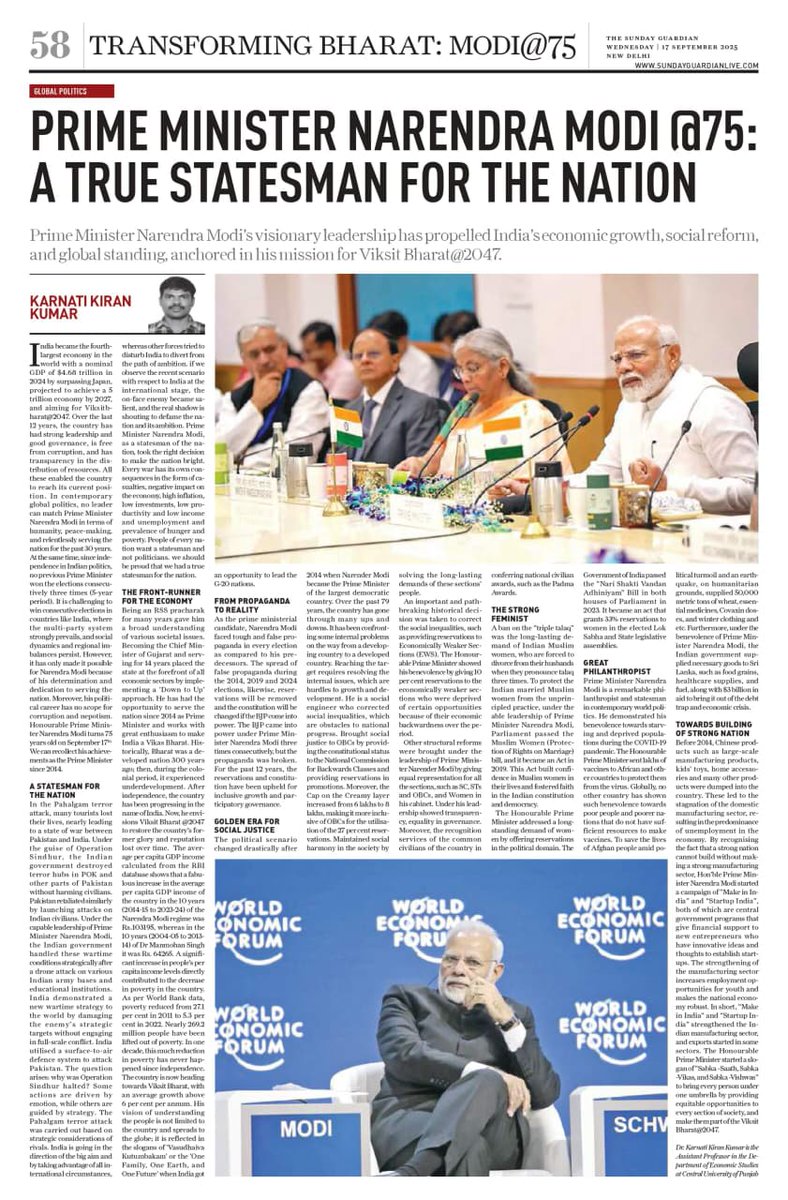 KumarHcu's tweet photo. Happy to  Share an article on Prime Minister Narendra Modi ji published in The Sunday  Guardian on the occasion of his birthday.@blsanthosh
@AmitShah https://t.co/GyNm7ilISB