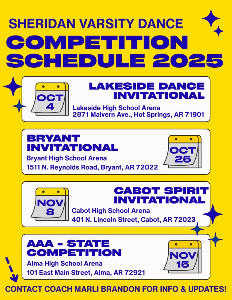 The Sheridan Jackettes' dance competition schedule starts October 4 at the Lakeside Invitational and continues until state competition on November 15 at Alma. Best wishes for a great dance season, ladies!