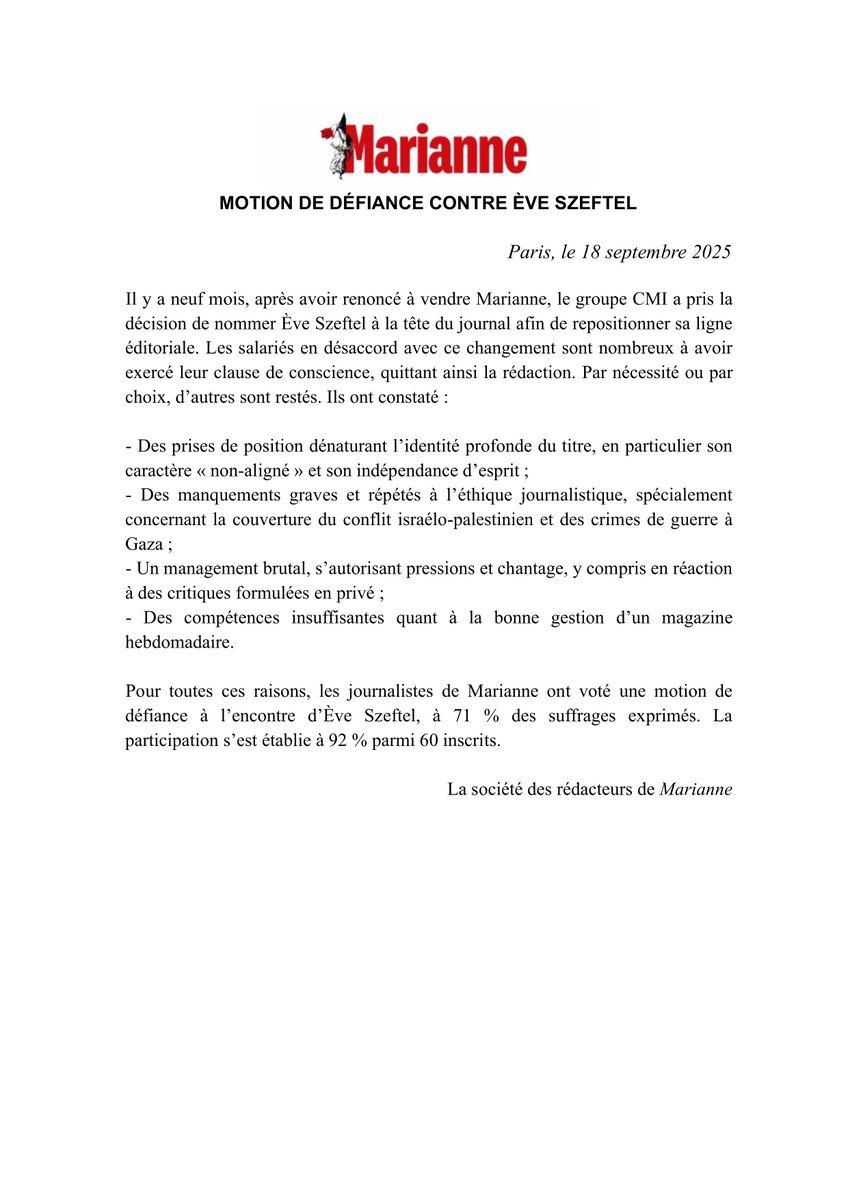 Communiqué : la rédaction de Marianne a voté une motion de défiance contre sa directrice, Ève Szeftel, à 71% des suffrages exprimés.