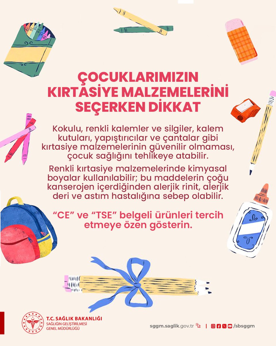 İçeriği belirsiz ve belgesiz üretilen kırtasiye malzemeleri çocuklarımızın sağlığına zarar verebilir.

*“CE”* ve *“TSE”* belgeli ürünleri tercih etmeye özen gösterin.

#ÇocukSağlığı #GüvenliKırtasiye #TSE #CE