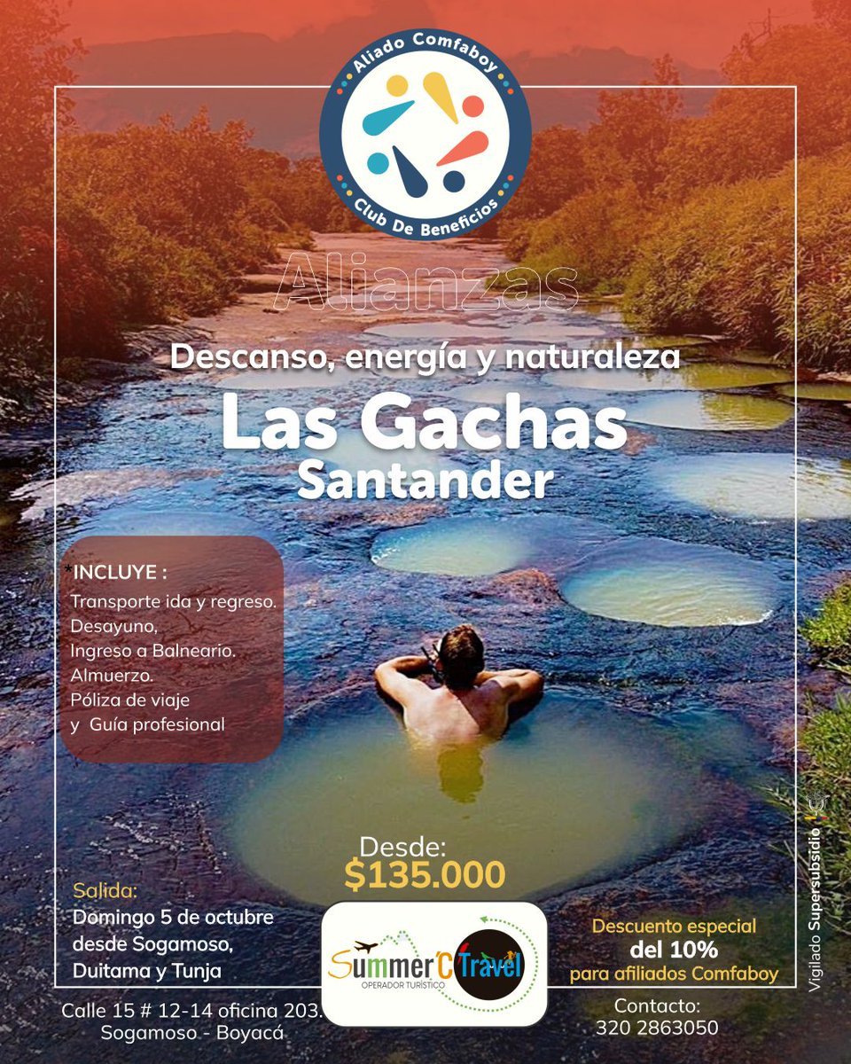 Travesía de aroma y paisaje en el Eje Cafetero y un plan de descanso, energía y naturaleza en Las Gachas – Santander
Además, los afiliados Comfaboy reciben un 10% de descuento especial
Salidas desde Sogamoso, Duitama y Tunja.
Planes todo incluido.
Reserva tu cupo: 320 2863050