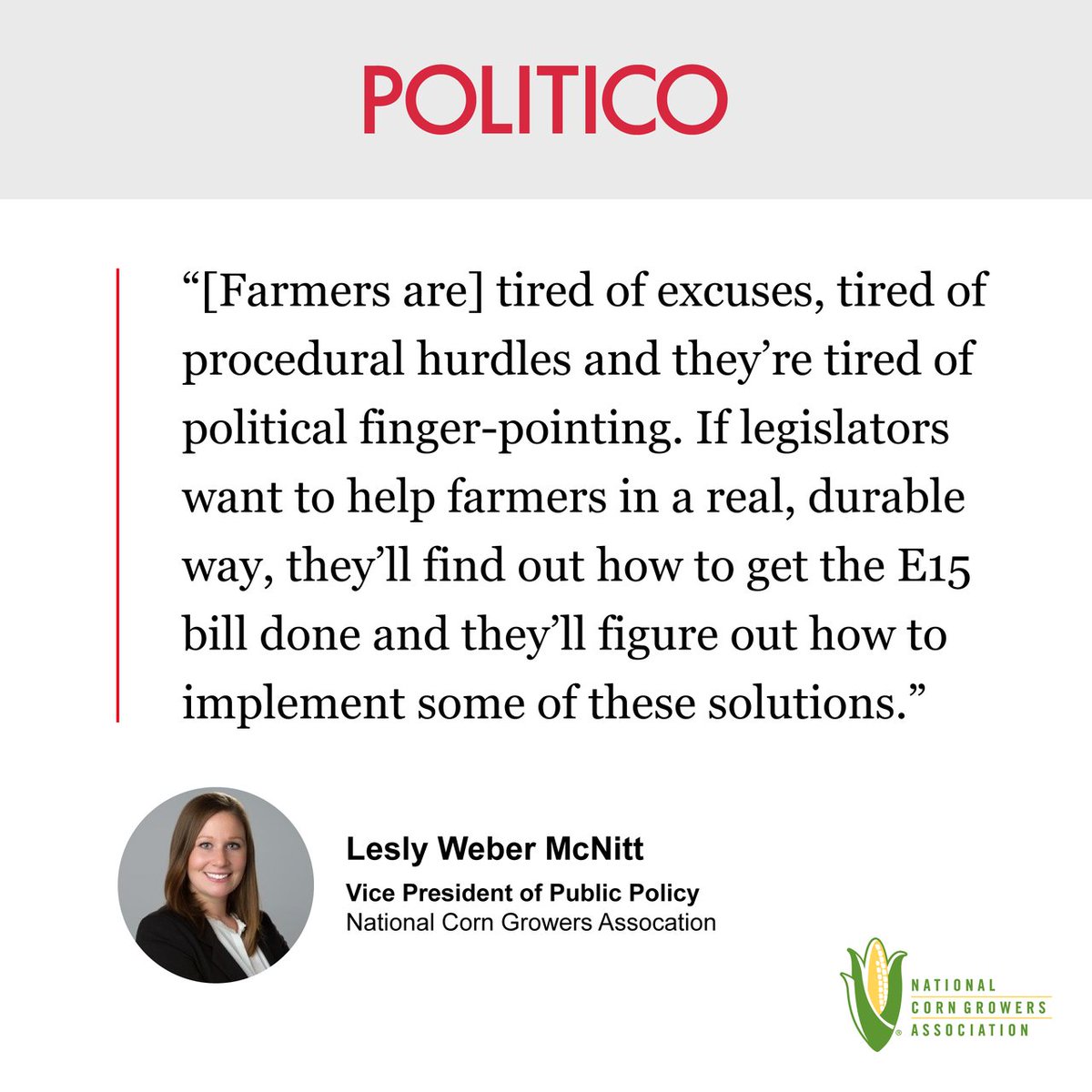 We are proud of NCGA Vice President of Public Policy Lesly McNitt for bluntly stating the facts last night during a roundtable discussion on the dire economy facing farmers and the need to pass legislation that would provide consumers with year-round access to E15. Her quote was