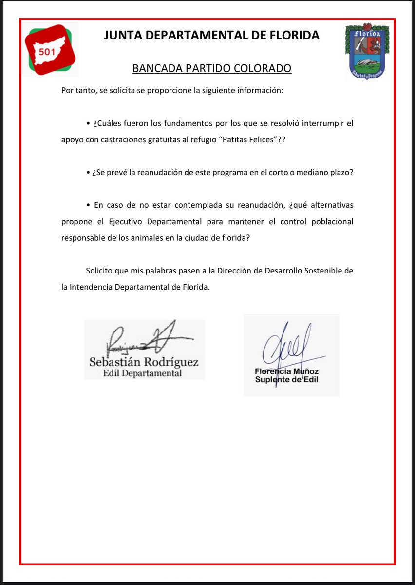 Compartimos el Pedido de Informe realizado por la Edil (s) Florencia Muñoz referente a la suspensión del apoyo por parte de la Intendencia al refugio “Patitas Felices”.