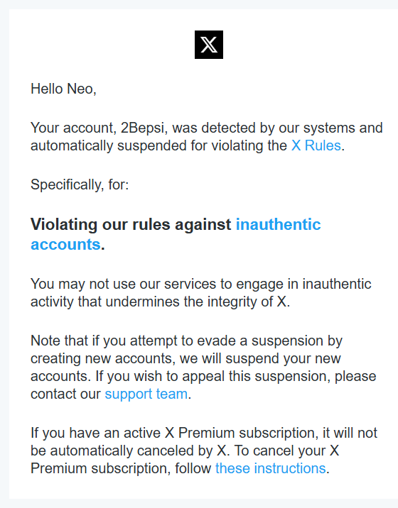 Hey <a href="/X/">X</a> and <a href="/Safety/">Safety</a>,

<a href="/2Bepsi/">Neo</a>  has done nothing wrong to warrant a harsh permanent suspension. They're an artist whose hard work and livelihood was wrongly flagged as an "inauthentic account."

They've followed all the guidelines to secure their account as the legitimate owner
