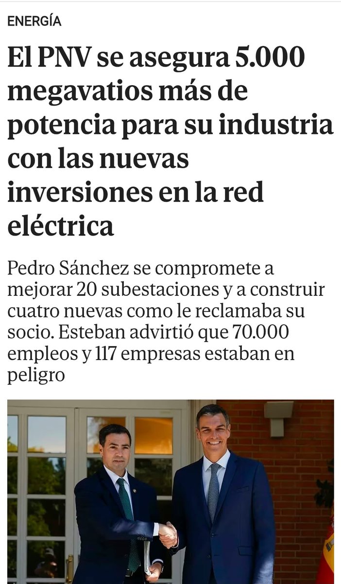 Navarra paga hoy las consecuencias de 10 años sin invertir en grandes infraestructuras energéticas.

Las gestiones de Irujo en Madrid poco que ver con las de Pradales con Sánchez: niveles totalmente distintos.

¿Dónde está <a href="/mavichina/">María Chivite / ❤️</a>? Callada, pagando peajes a quienes la hicieron