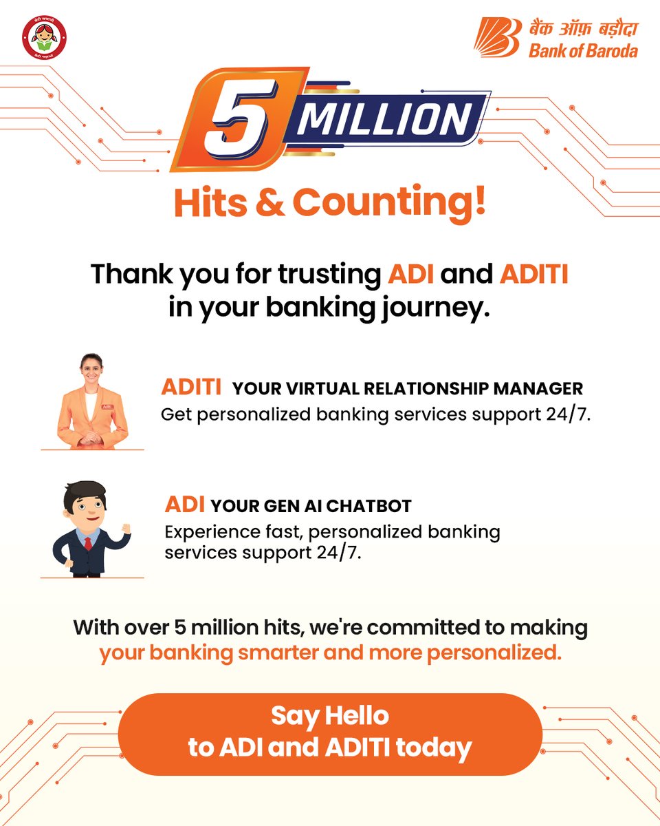 Thank you for choosing ADI and ADITI to make your banking experience smarter and more personalized!

From seamless transactions to expert advice, we’ve reached this incredible milestone together.

Meet ADITI – Your Virtual Relationship Manager, available 24/7 to support your