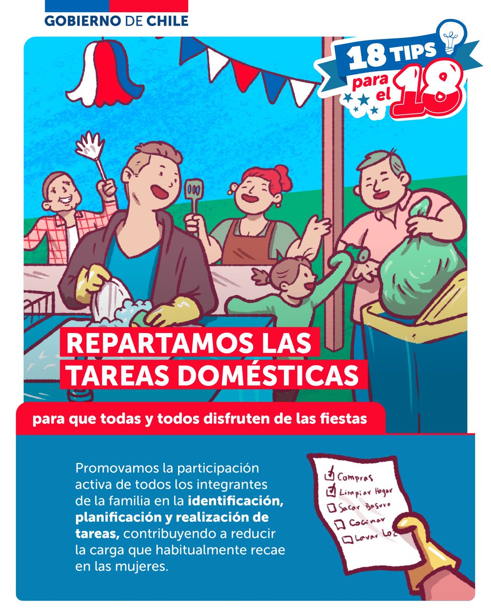 Las labores domésticas y de cuidado no desaparecen en Fiestas Patrias. Por eso reforzamos nuestro compromiso con la corresponsabilidad.
Conoce las medidas por un #18Seguro en 18seguro.cl