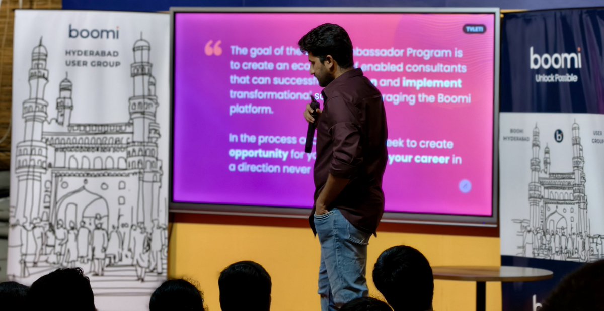 saiprakash4688's tweet image. One from the recent meetup at @dsh_india Gachibowli, highlighting the @boomi Ambassador Program! 

#BoomiHyderabad ❤️‍🔥
#Hyderabad #Tech #AI